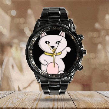 Discover Magic Lucky Cat Calendar Steel Band Watch