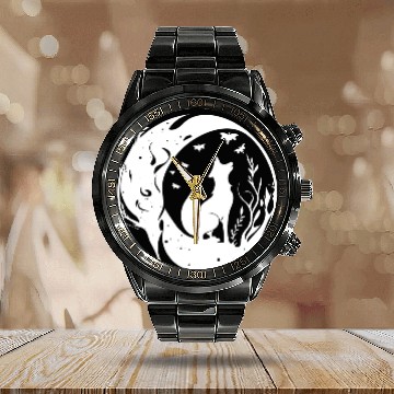 Discover Pretty Cute Tattoo Style Fox In The Moon Calendar Steel Band Watch