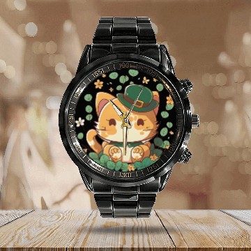 Discover Kawaii Orange Cat Funny Shamrock St Patrick's Day Calendar Steel Band Watch