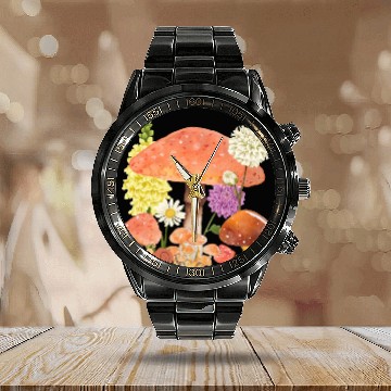 Discover watercolor mushroom forest Calendar Steel Band Watch