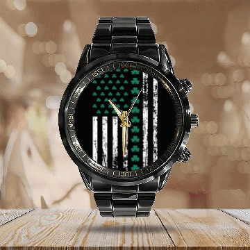 Discover Shamrock American Flag, St. Patrick's Day Calendar Steel Band Watch