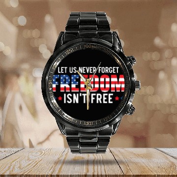 Discover Let Us Never Forget Freedom Isn't Free USA Flag Calendar Steel Band Watch