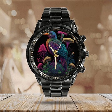Discover trippy patterns psychedelic Mushroom phoenix bird Calendar Steel Band Watch