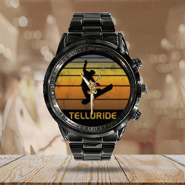 Discover Retro Telluride Colorado Snowboarding Fan Calendar Steel Band Watch