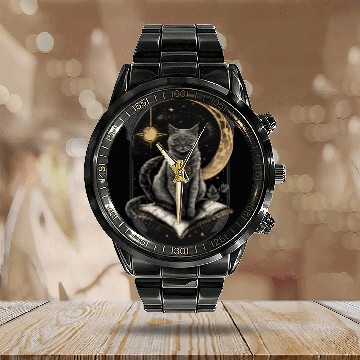 Discover The Moon Tarot Card Celestial Cat Occult Ritual Calendar Steel Band Watch