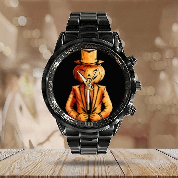 Discover Realistic Jack O Lantern Pumpkin Man In Suit Calendar Steel Band Watch