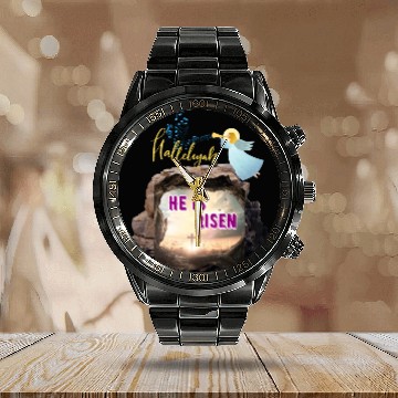 Discover He Is Risen- Hallelujah Calendar Steel Band Watch
