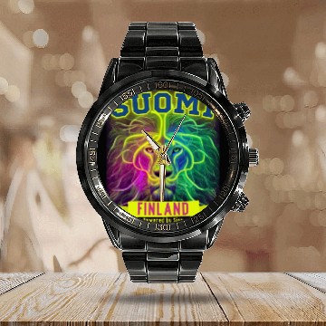 Discover Neon Suomi Finland Lion powered by Sisu Calendar Steel Band Watch