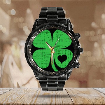 Discover Green Four Leaf Clover Heart - St Patricks Day4 le Calendar Steel Band Watch