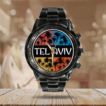Discover Tel Aviv Israel Stylish Vacation Souvenir Palm Calendar Steel Band Watch