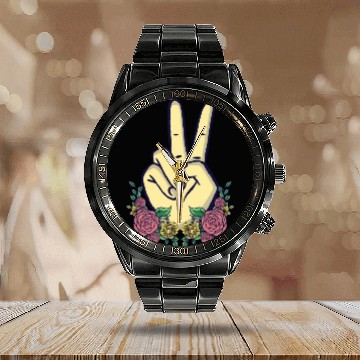 Discover Peace Hand Sign Floral Positive Peace Lover Calendar Steel Band Watch