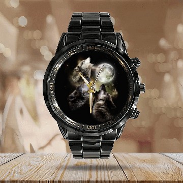 Discover Wolves Howling at the Moon Calendar Steel Band Watch