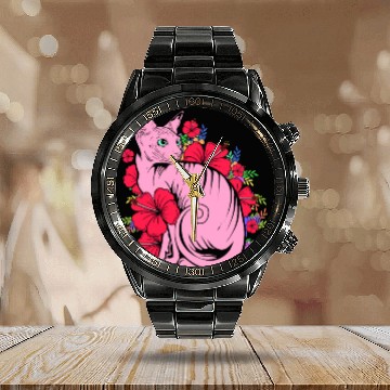 Discover Cat Owner Pet Kitten Sphynx Cat With Flowers Calendar Steel Band Watch