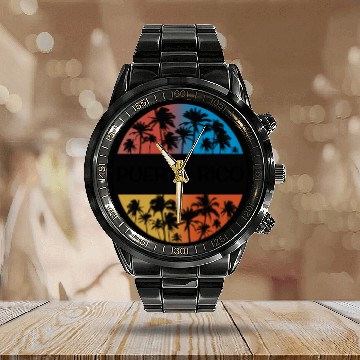 Discover Puerto Rico Palm Tree Stylish Vacation Souvenir Calendar Steel Band Watch