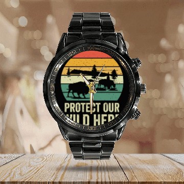 Discover World Wildlife Day Retro Bison Wildlife Animal Calendar Steel Band Watch