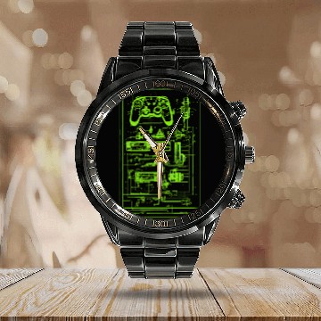 Discover Neon Green Video Game Controller Blueprint Calendar Steel Band Watch