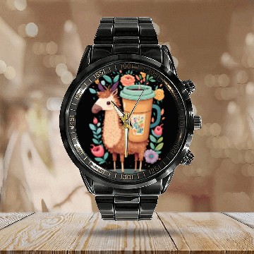 Discover Lama & Coffee Kawaii Anime Floral Calendar Steel Band Watch
