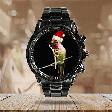 Discover Hummingbird Santa Cute Christmas Hat Design for Bi Calendar Steel Band Watch