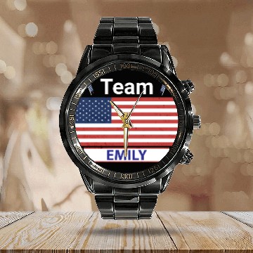 Discover Team Emily USA American Flag Stars Calendar Steel Band Watch
