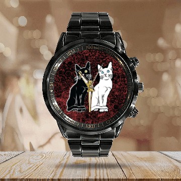 Discover Back & white cat's Calendar Steel Band Watch