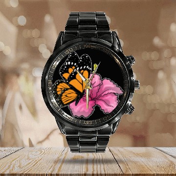 Discover Butterfly Hibiscus Flower Calendar Steel Band Watch