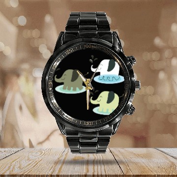Discover Three elephants spraying water Calendar Steel Band Watch
