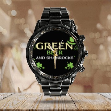 Discover Green beer and shamrocks Calendar Steel Band Watch