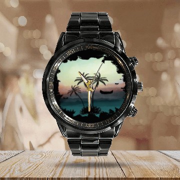 Discover Beach Sunset Watercolor Design Sublimation Art 3 Calendar Steel Band Watch