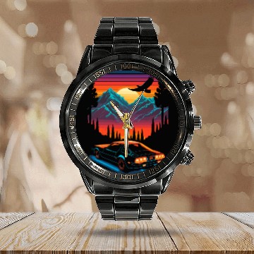Discover 1980s Muscle Car and Retro Neon Mountain Sunset Calendar Steel Band Watch