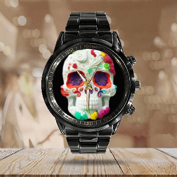 Discover Day of the dead, colorful Skull Calendar Steel Band Watch