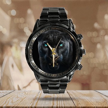 Discover Black panther with blue eyes design wild animal Calendar Steel Band Watch