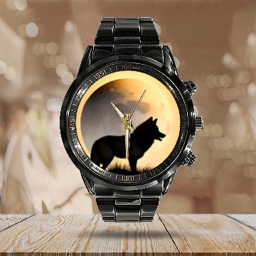 Discover Wolf howling at the moon graphic Calendar Steel Band Watch