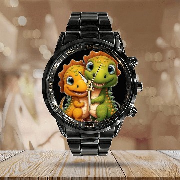 Discover Cute dino dinosaur siblings brothers kids love Calendar Steel Band Watch
