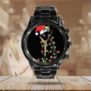 Discover Black Santa Cat Tangled Up In Lights Christmas Calendar Steel Band Watch