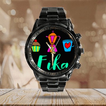 Discover Fika Swedish Sweden Coffee Break Calendar Steel Band Watch