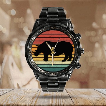 Discover Rhino Lover - Vintage Sunset Rhinoceros Calendar Steel Band Watch