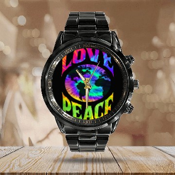 Discover Peace Love earth 60S 70S Tie Dye Hippie ONLY PEACE Calendar Steel Band Watch