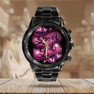 Discover Lover Girl pink airbrush design Calendar Steel Band Watch