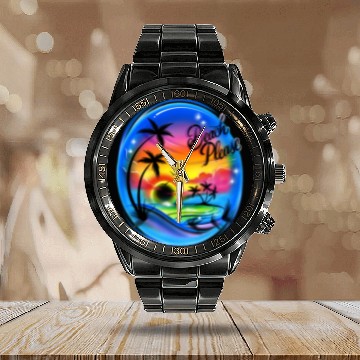 Discover Beach Please Airbrush Colorful Calendar Steel Band Watch