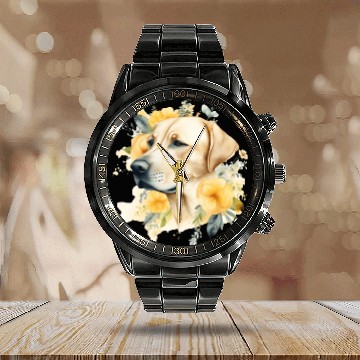 Discover Yellow Lab Dog Watercolor Floral Calendar Steel Band Watch