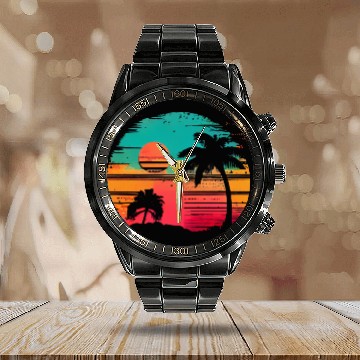 Discover Vintage Retro Sunset Watercolor Beach Vacation 8 Calendar Steel Band Watch