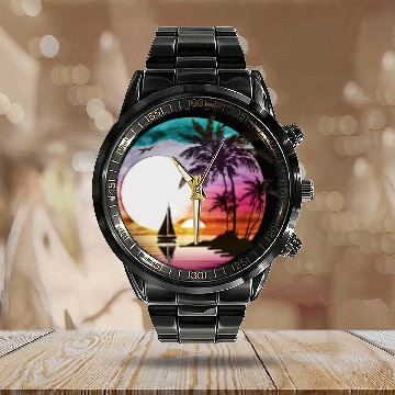 Discover Beach Sunset Sailboat Palm Trees Ocean Vacation 3 Calendar Steel Band Watch