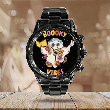 Discover Reading Teacher Halloween Groovy Floral Ghost Calendar Steel Band Watch
