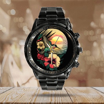 Discover Hummingbird flies over hibiscus flower Tropical Calendar Steel Band Watch