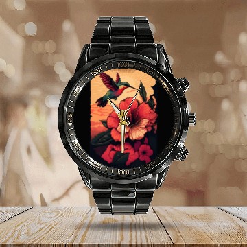 Discover Hummingbird flies over hibiscus flower Tropical Calendar Steel Band Watch