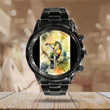 Discover Toucan Watercolor Bird Jungle Tropical Rainforest Calendar Steel Band Watch