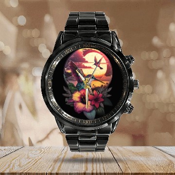 Discover Hummingbird flies over hibiscus flower Tropical Calendar Steel Band Watch