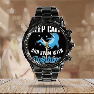 Discover Keep Calm And Swim With Dolphins Calendar Steel Band Watch