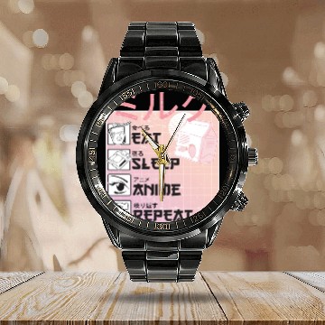 Discover Eat Sleep Anime Repeat Straweberry Milk Japanese Calendar Steel Band Watch