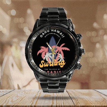Discover summer vintage Hawaii surfing paradise island Calendar Steel Band Watch